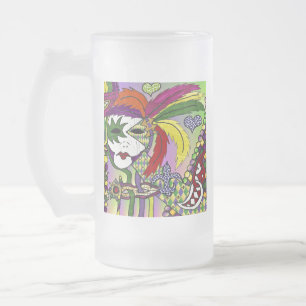 Caneca De Cerveja Vidro Jateado Máscara de Pena Mardi Gras Psicodélica