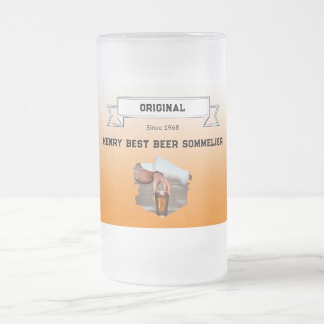 Caneca De Cerveja Vidro Jateado Melhor Cerveja Sommelier Laranja Gradient Foto (Centro)