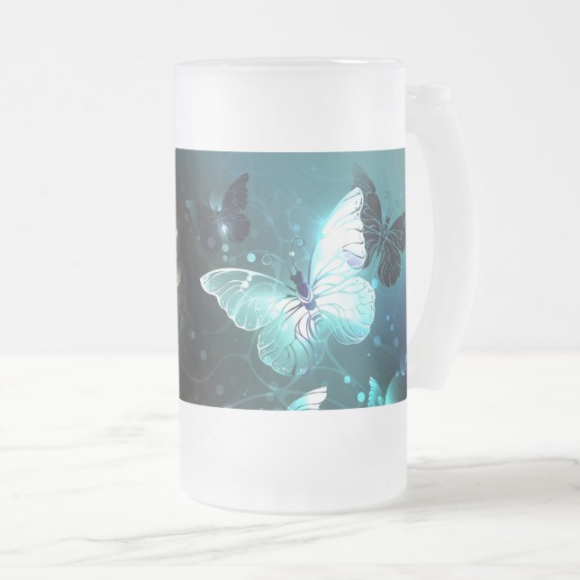Caneca De Cerveja Vidro Jateado Mint Night Butterflies (Frente Esquerda)