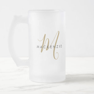 Caneca De Cerveja Vidro Jateado Monograma de Script Dourado Moderno Elegante