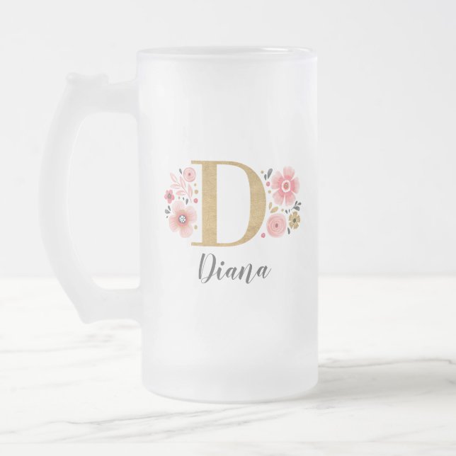 Caneca De Cerveja Vidro Jateado Monograma Dourado Rosa Floral (Esquerda)