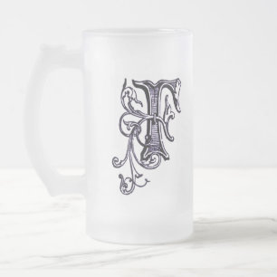 Caneca De Cerveja Vidro Jateado Monograma Floral 'F' - Mug