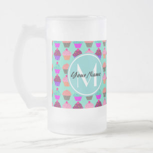 Caneca De Cerveja Vidro Jateado Monograma Personalizado do Cupcake Aqua