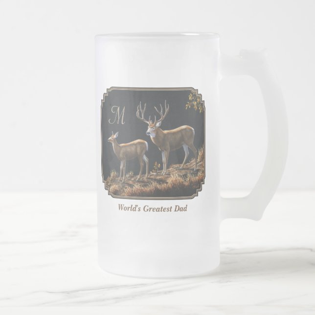 Caneca De Cerveja Vidro Jateado Mule Deer Buck & Doe Monograma (Direita)