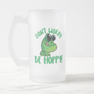 Caneca De Cerveja Vidro Jateado Não se preocupe, seja feliz Sapo de desenho animad