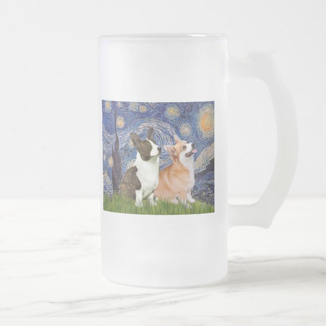 Caneca De Cerveja Vidro Jateado Noite Estrelada - Dois córgis galeses (C + P) (Direita)