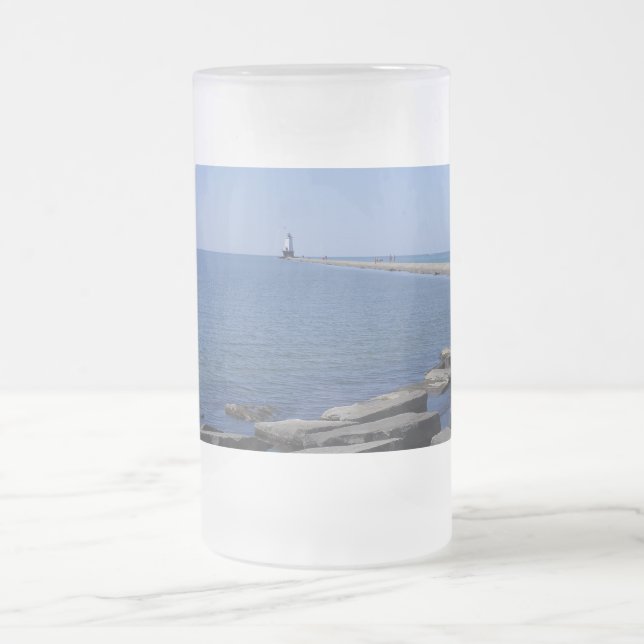 Caneca De Cerveja Vidro Jateado North Pierhead Lighthouse, Ludington, MI (Centro)