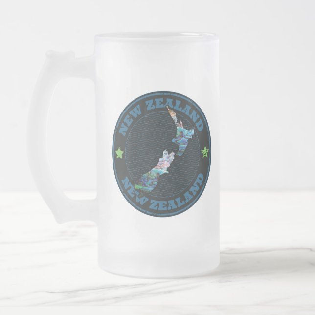 CANECA DE CERVEJA VIDRO JATEADO NOVO VIDRO PAUA DE MAPA ZEALAND (Esquerda)