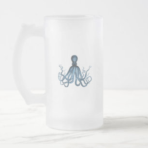 Caneca De Cerveja Vidro Jateado Octopus kraken litoral azul oceânico