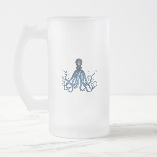 Caneca De Cerveja Vidro Jateado Octopus kraken litoral azul oceânico (Esquerda)