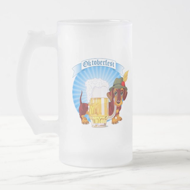 Caneca De Cerveja Vidro Jateado Oktoberfest Dachshund no Chapéu Alpino (Esquerda)