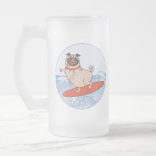 Caneca De Cerveja Vidro Jateado Onda montando cachorro feliz no surfboard