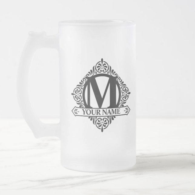 Caneca De Cerveja Vidro Jateado Ornamentado Monograma Fosco Copo De Vidro (Esquerda)