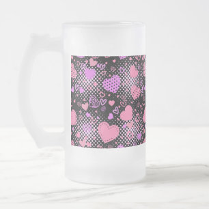 Caneca De Cerveja Vidro Jateado Padrão de Corações Rosa 01 Preto BG