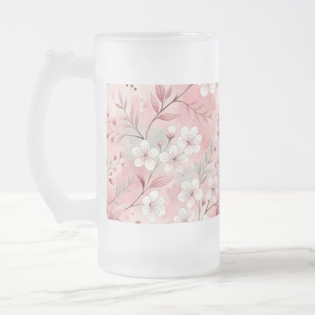 Caneca De Cerveja Vidro Jateado Padrão de Flor Sakura Rosa (Esquerda)