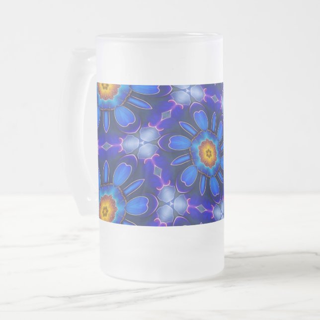 Caneca De Cerveja Vidro Jateado Padrão de Flores Azuis abstrato (Frente Esquerda)