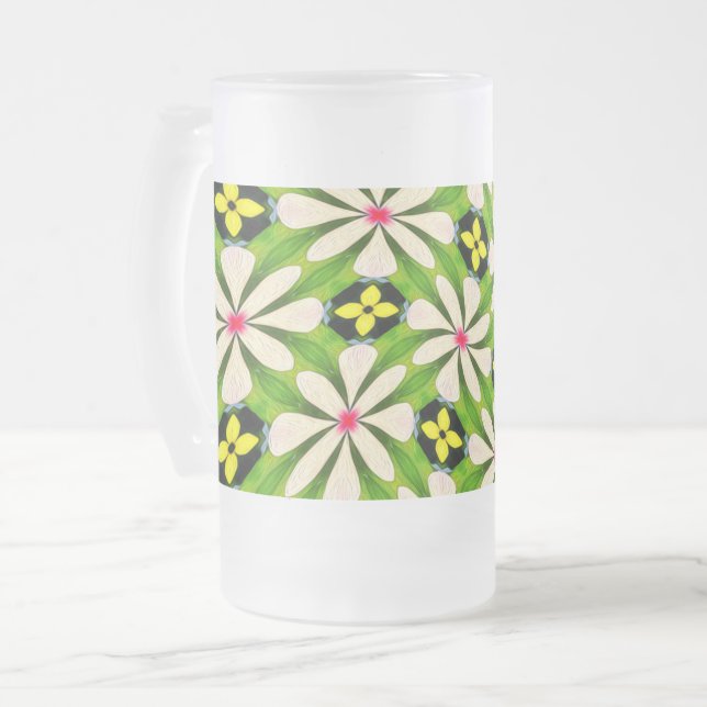 Caneca De Cerveja Vidro Jateado Padrão de Flores Estéticas (Frente Esquerda)