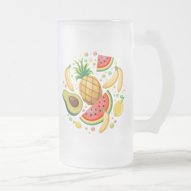 Caneca De Cerveja Vidro Jateado Padrão de Frutas de Verão Fresco (Direita)