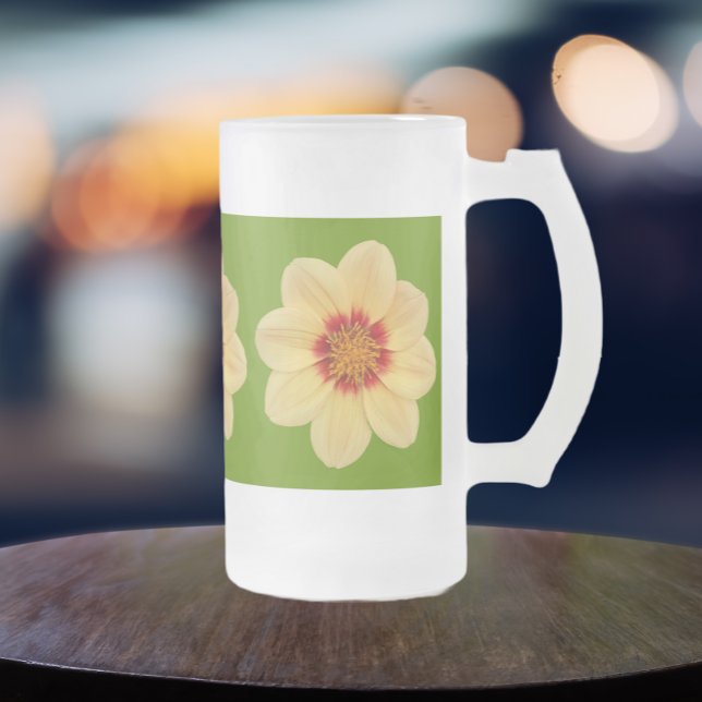 Caneca De Cerveja Vidro Jateado Padrão Floral Amarelo Dahlia em Verde (In Situ)