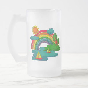 Caneca De Cerveja Vidro Jateado Paisagem de viagem de barco sob nuvens solares e a