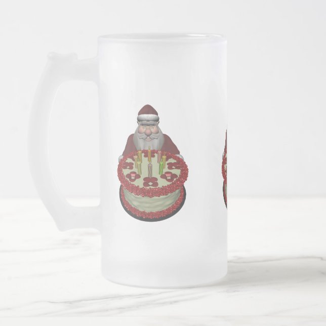 Caneca De Cerveja Vidro Jateado Papai Noel com Bolo de Aniversário (Esquerda)