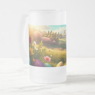 Caneca De Cerveja Vidro Jateado Páscoa Feliz numa Paisagem de Primavera