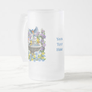 Caneca De Cerveja Vidro Jateado Pássaros-azuis dourados e chafarizes