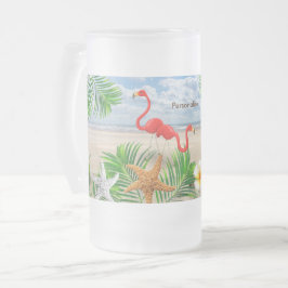 Caneca De Cerveja Vidro Jateado Pássaros Tropicais Flamingo na praia