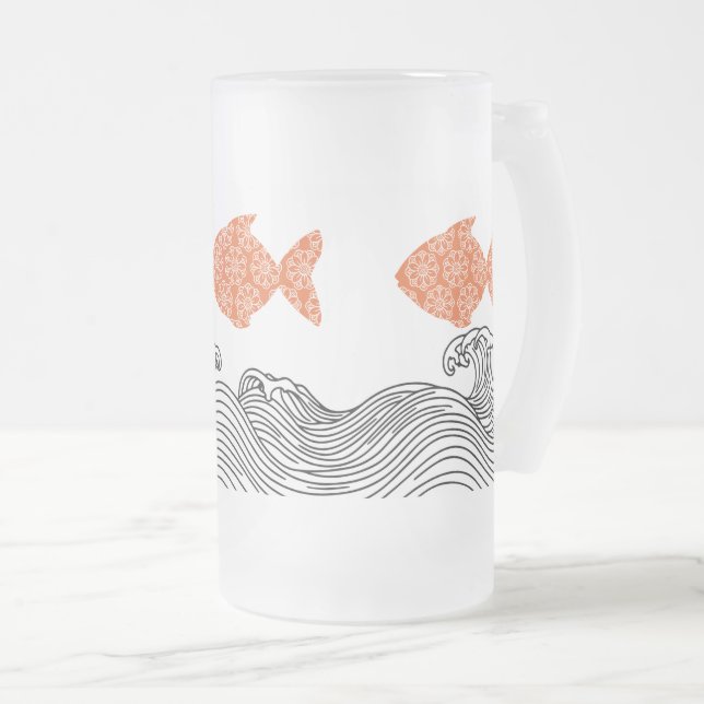 Caneca De Cerveja Vidro Jateado Peixes e Ondas (Frente Esquerda)