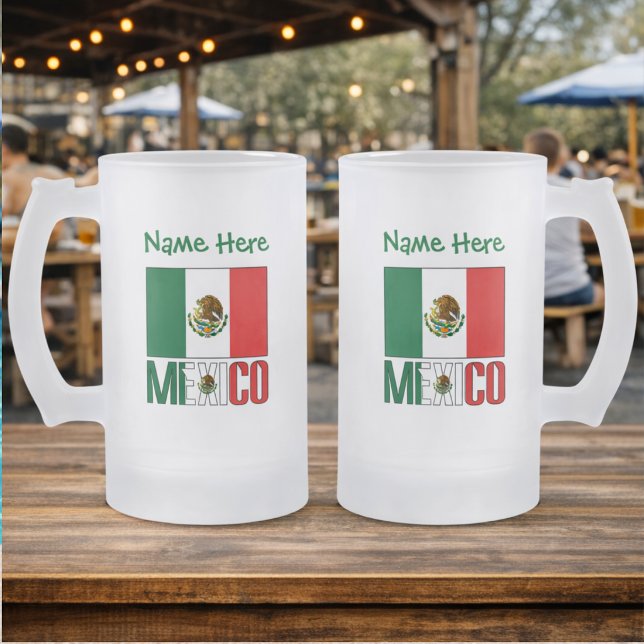 Caneca De Cerveja Vidro Jateado Personalização Verde do México e da Bandeira do Mé (Personalized frosted glass stein with Mexican Flag and MEXICO on both sides. Name above, too.)