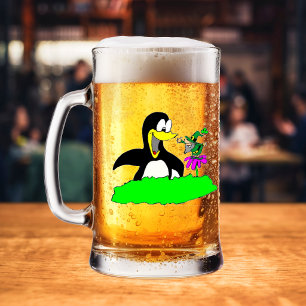 Caneca De Cerveja Vidro Jateado Pinguim e Leprechaun