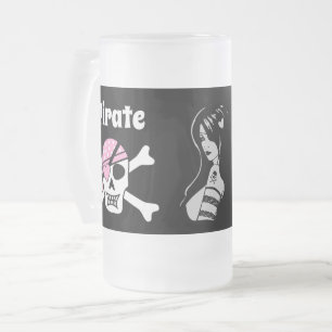 Caneca De Cerveja Vidro Jateado Pirate Princesa Pink Skull e Silhouette