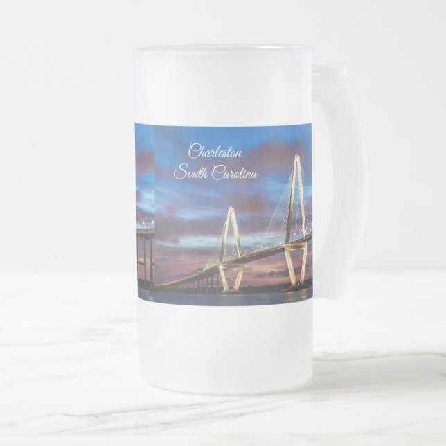 Caneca De Cerveja Vidro Jateado Ponte Arthur Ravenel No Fosco Noturno (Frente Esquerda)