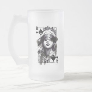 Caneca De Cerveja Vidro Jateado Rainha de Espadas (Estilo 5) Desenho de Arte Fina