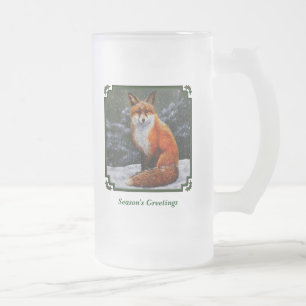 Caneca De Cerveja Vidro Jateado Raposa Vermelha Cura na Neve de inverno