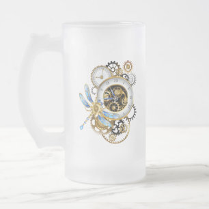 Caneca De Cerveja Vidro Jateado Relógio Steampunk com Dragonfly Mecânica