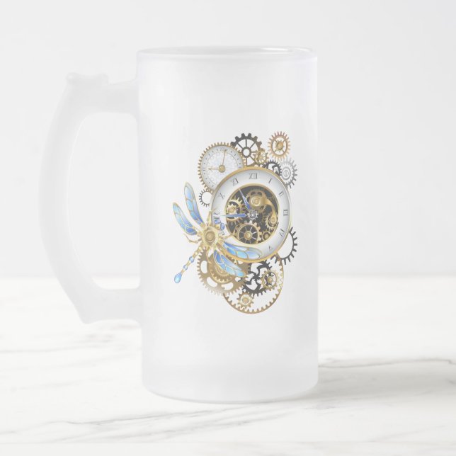 Caneca De Cerveja Vidro Jateado Relógio Steampunk com Dragonfly Mecânica (Esquerda)