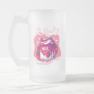 Caneca De Cerveja Vidro Jateado Retro 90 Japonês Kawaii Strawberry Milk Fosco