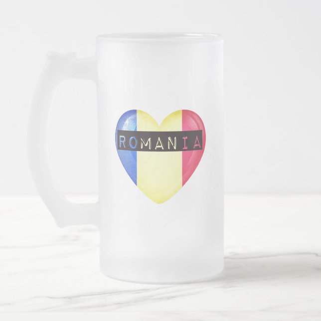 Caneca De Cerveja Vidro Jateado Romênia Flag Heart (Esquerda)
