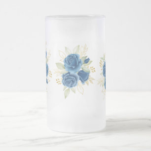 Caneca De Cerveja Vidro Jateado Rosas azuis