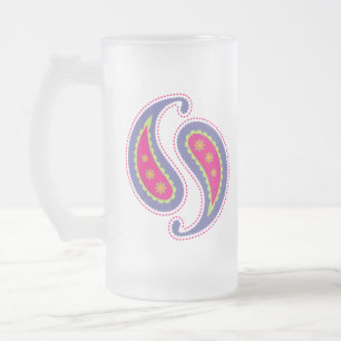 Caneca De Cerveja Vidro Jateado Roxo e Rosa Paisley