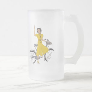 Caneca De Cerveja Vidro Jateado Senhora bonita da bicicleta da mãe