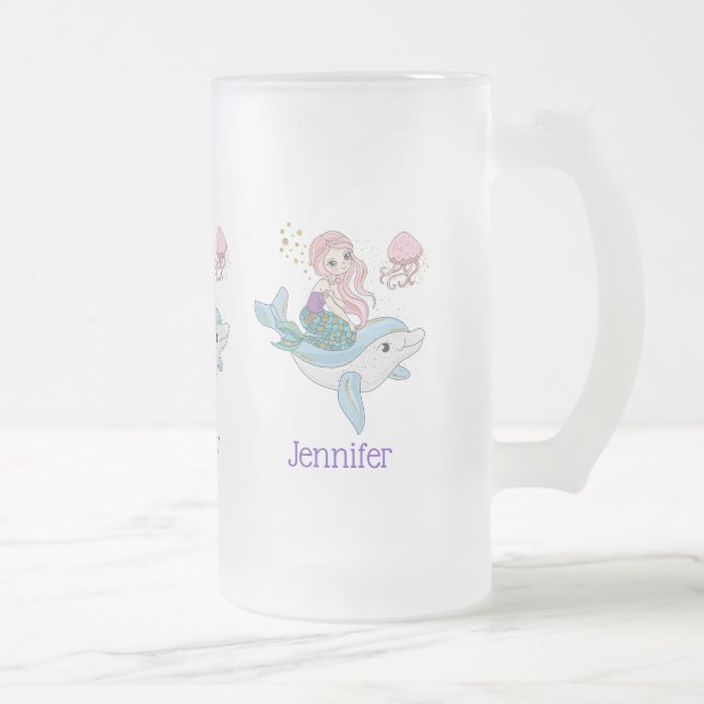 Caneca De Cerveja Vidro Jateado Sereia Fofa Andando um Golfinho Sob o Mar (Direita)