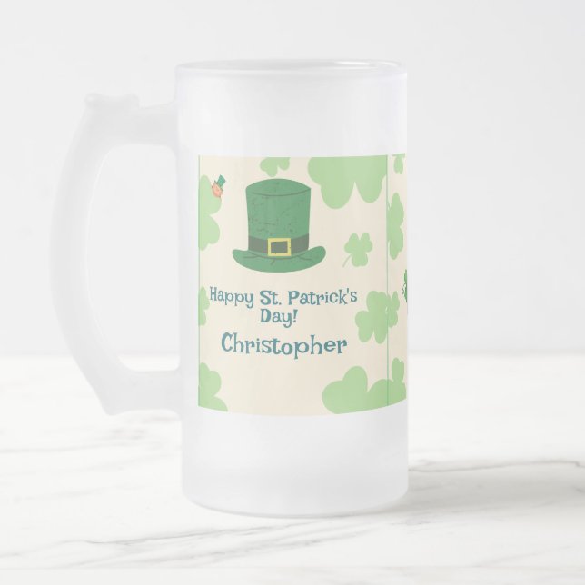 Caneca De Cerveja Vidro Jateado Shamrocks, leprechauns & Pot of Gold Frosted Beer  (Esquerda)
