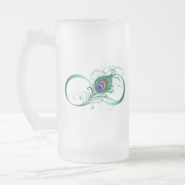 Caneca De Cerveja Vidro Jateado Símbolo Infinito com Pavão (Esquerda)