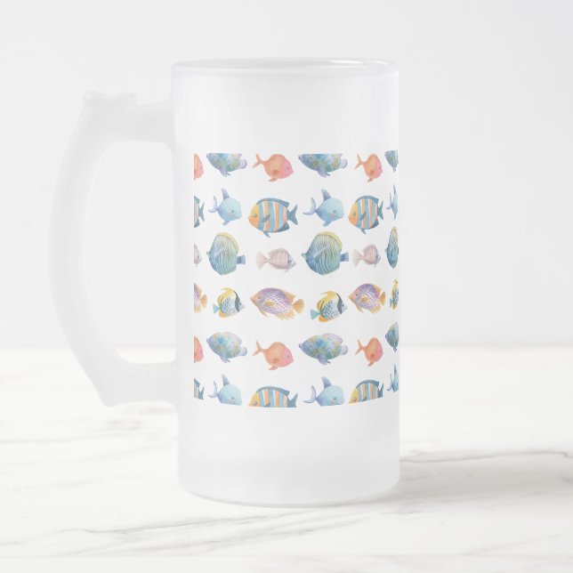 Caneca De Cerveja Vidro Jateado Sob O Padrão Marítimo De Peixes Náuticos (Esquerda)