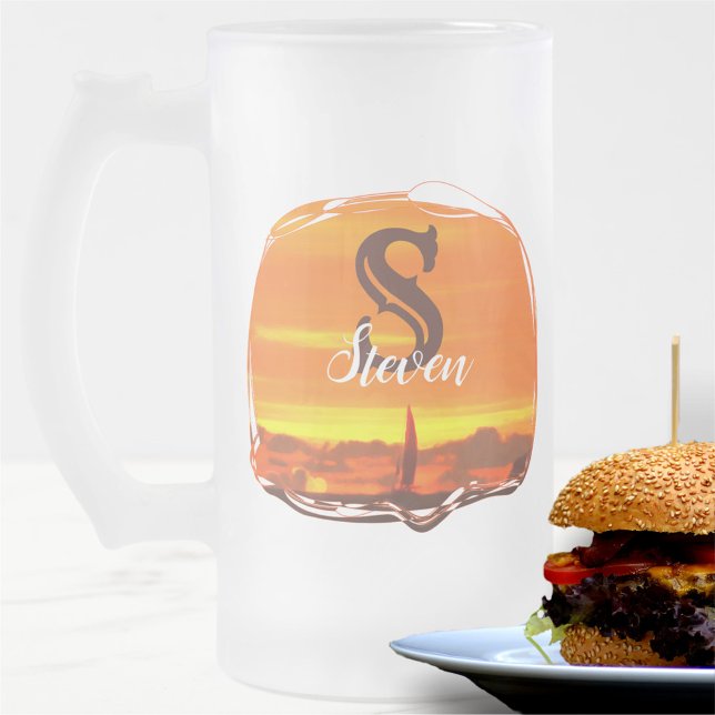 Caneca De Cerveja Vidro Jateado Sunset de veleiro 1300 (Criador carregado)
