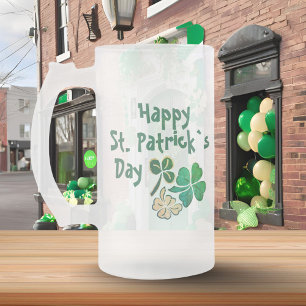 Caneca De Cerveja Vidro Jateado Trevo Verde Irlandês Feliz Dia de São Patrício