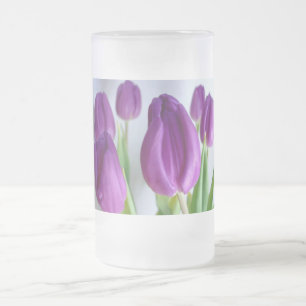 Caneca De Cerveja Vidro Jateado Tulipas Roxas