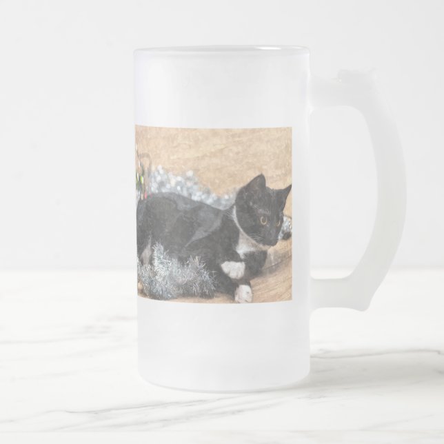 Caneca De Cerveja Vidro Jateado Tuxedo Kitten Tinsel and Lights PainterFosco (Direita)